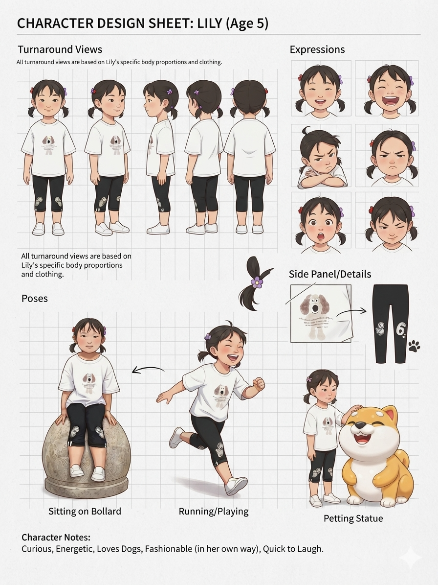 Character design sheet with turnaround views expressions and poses