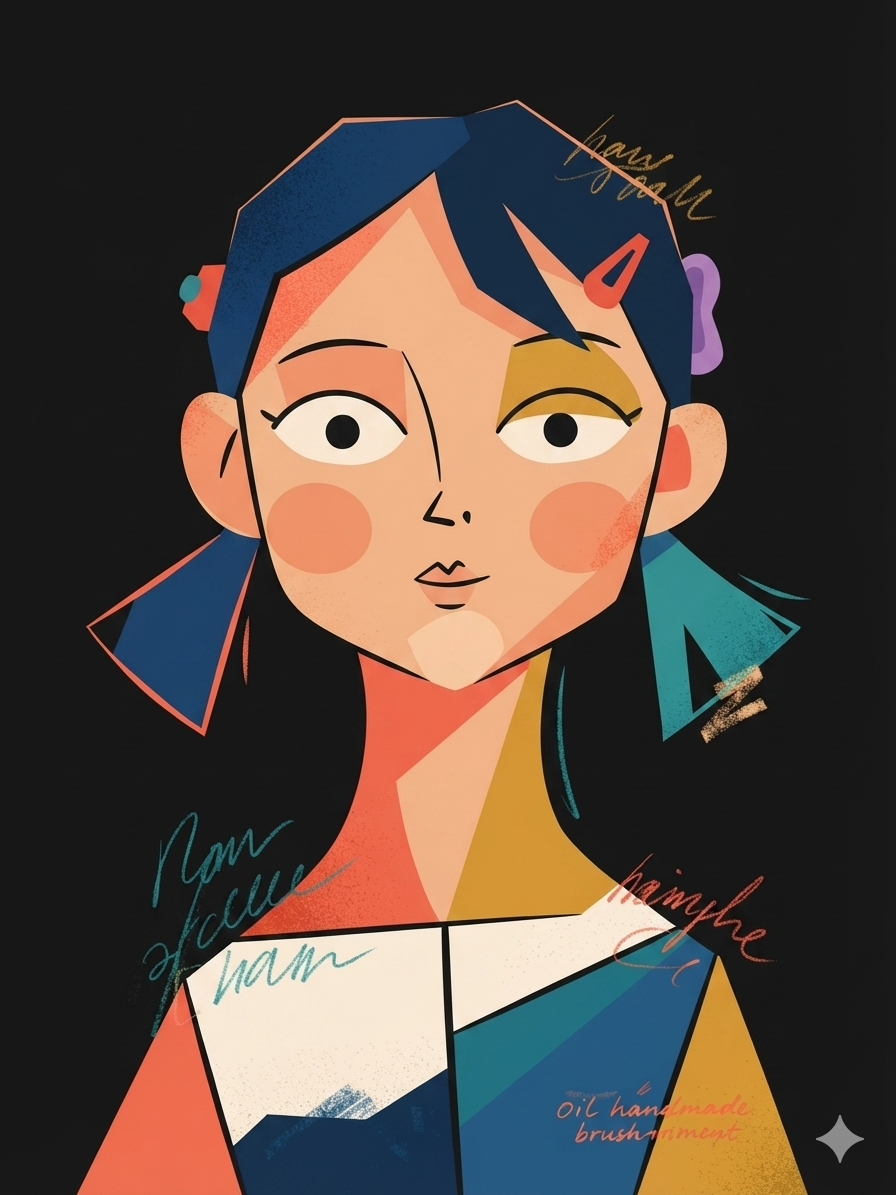 Cute cubist anime character style prompt with Picasso kawaii vector portrait