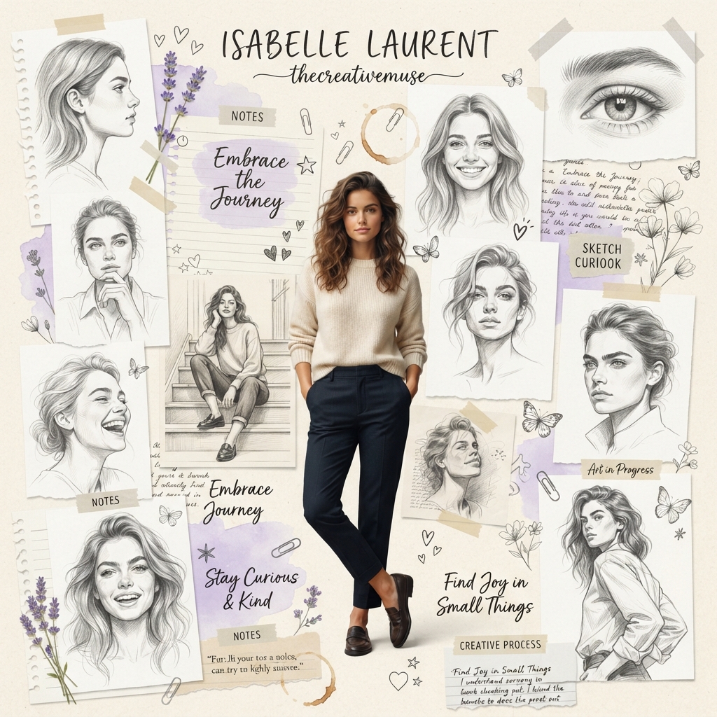Editorial scrapbook character collage prompt with realistic center photo and pencil sketch portraits