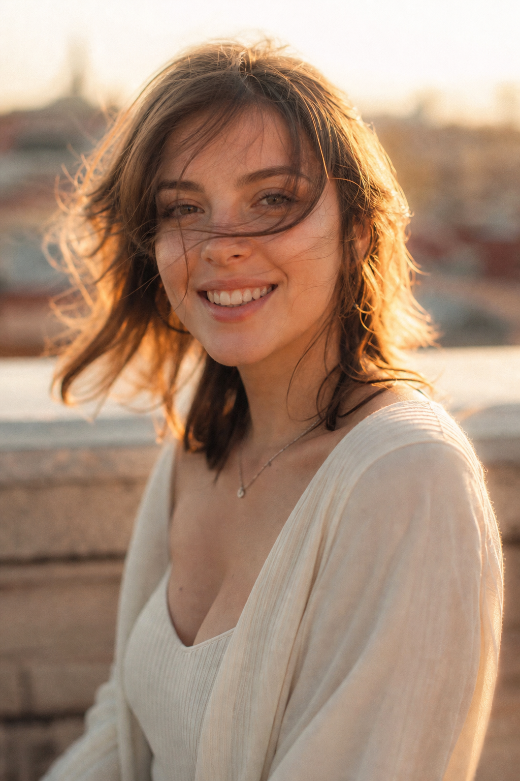 Golden hour cinematic female portrait prompt with warm backlight and bokeh