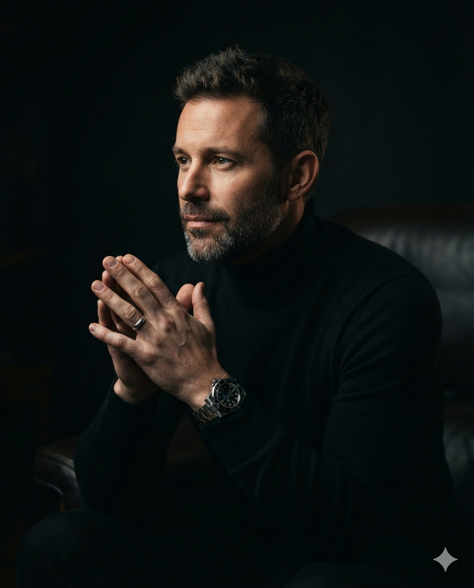 Hyper realistic cinematic male portrait prompt with dark night mode lighting