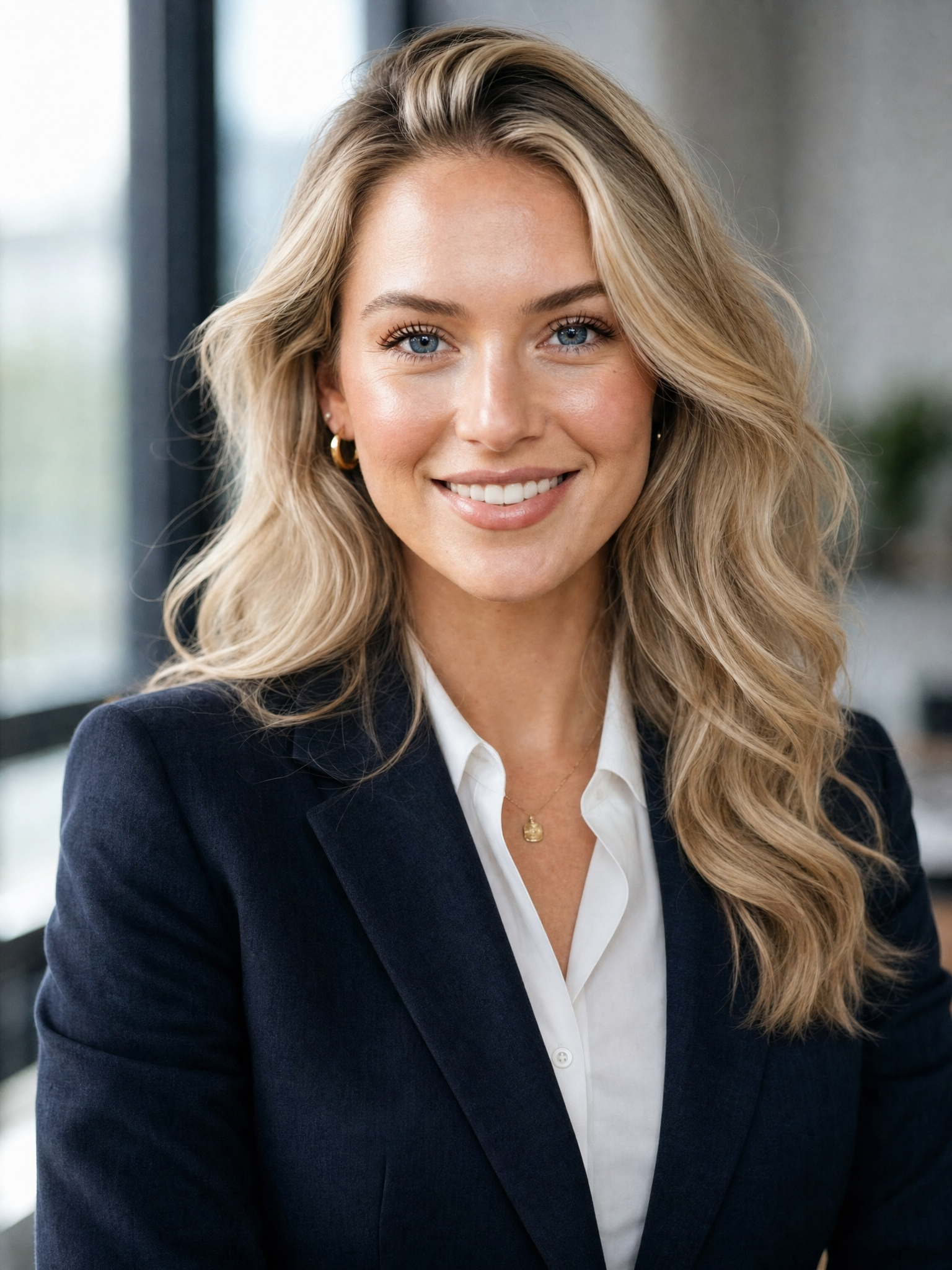 Professional business portrait character prompt with office background and natural skin texture