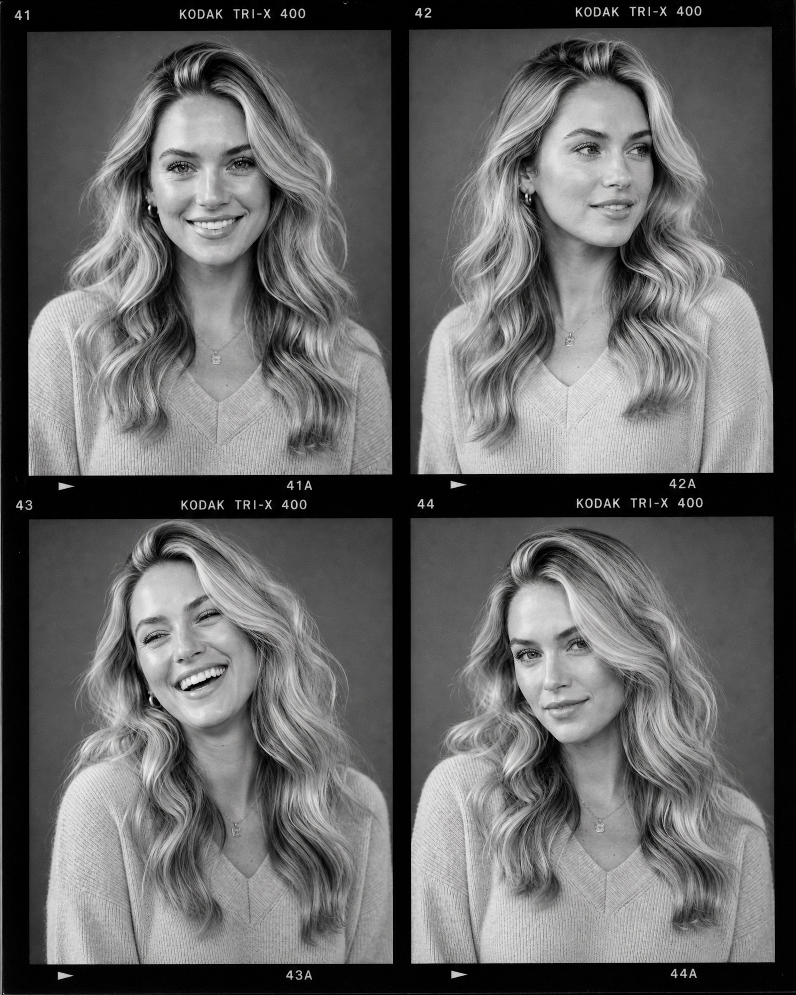 Semi realistic actor casting contact sheet with four portrait expressions