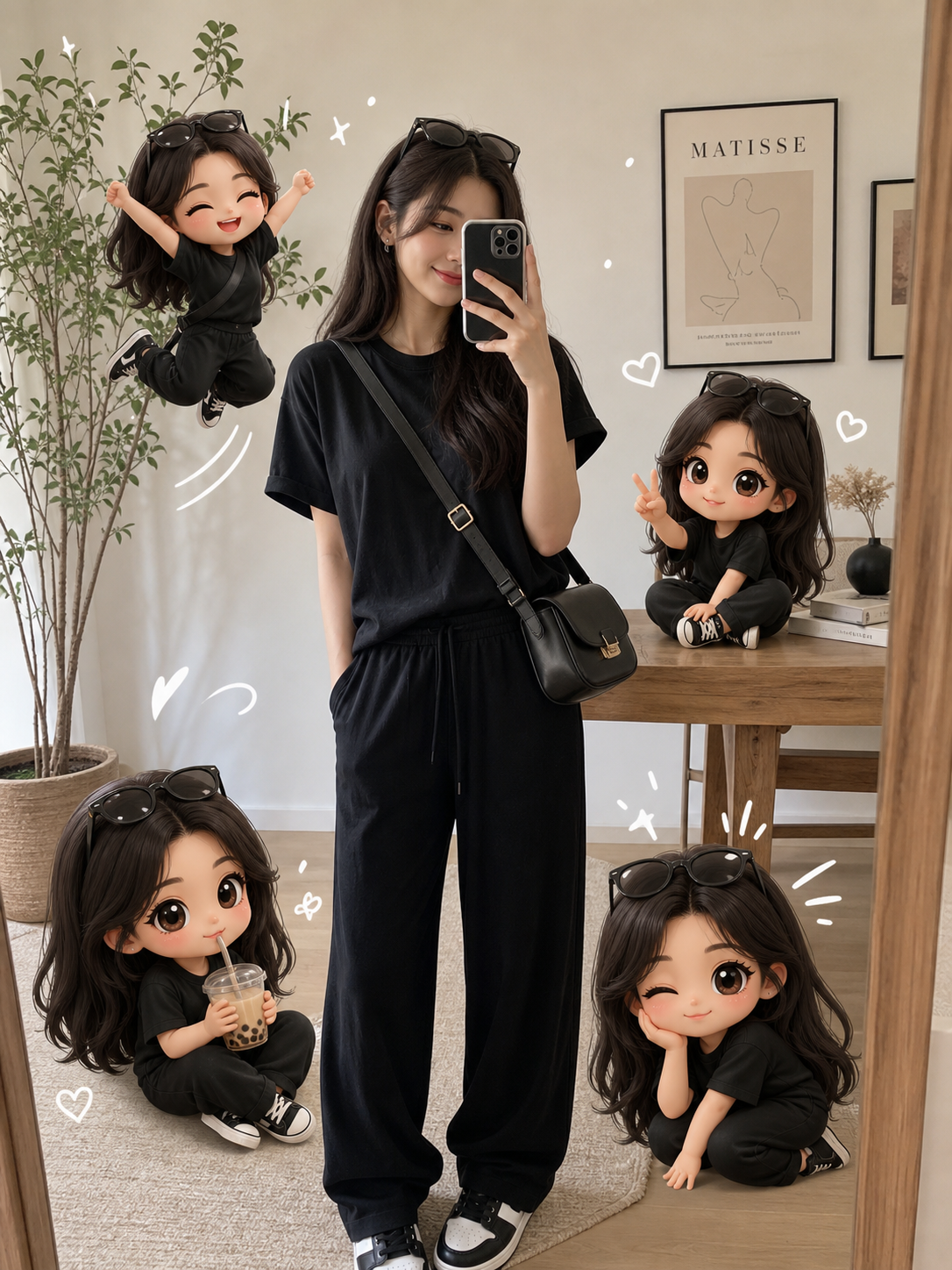 Cozy home mirror selfie with cute chibi mini character versions