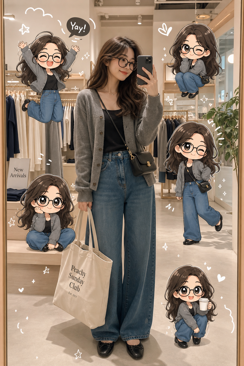 Stylish mirror selfie with chibi mini character versions in clothing store