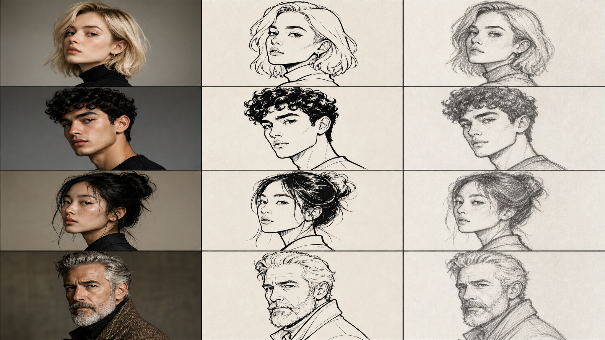 Image to sketch and image to line art comparison grid prompt